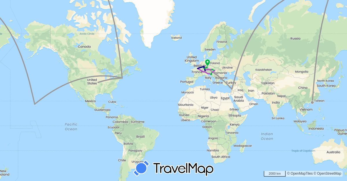 TravelMap itinerary: driving, bus, plane, train in Austria, Switzerland, China, Germany, France, Croatia, Hungary, Italy, Lebanon, United States (Asia, Europe, North America)